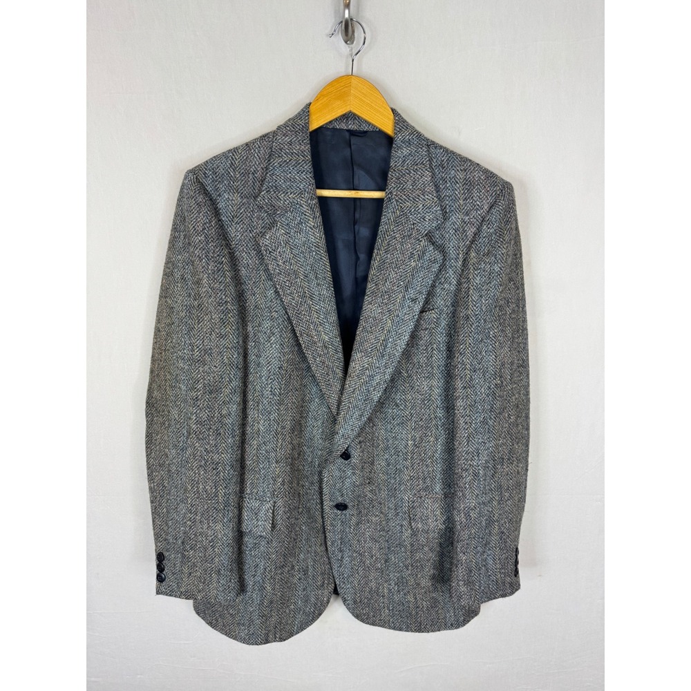 Harris Tweed The Bay Mens Grey Herringbone‎ Wool Blazer Sport Coat 42R Vintage